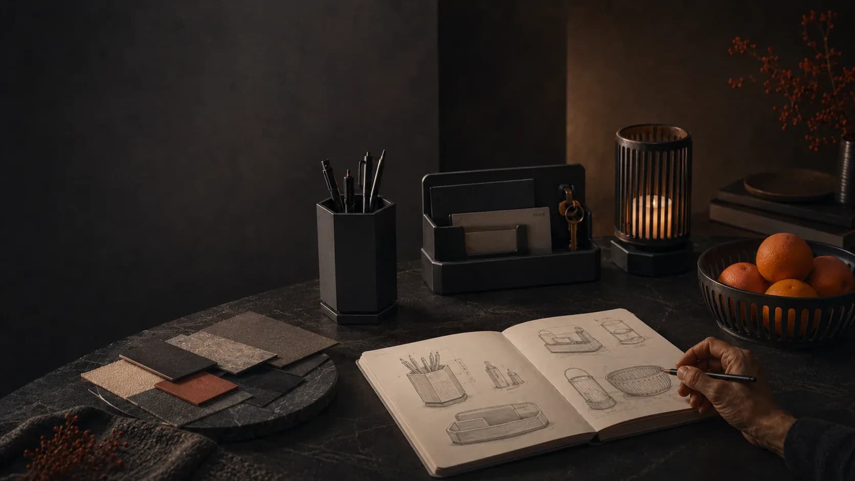 Carter prototipali e un componente parzialmente finito accanto a degli schizzi su un banco di studio.
