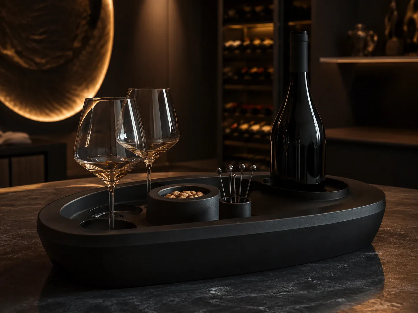 Un pezzo di servizio per il vino su misura allestito su un tavolo in una sala illuminata a candele.