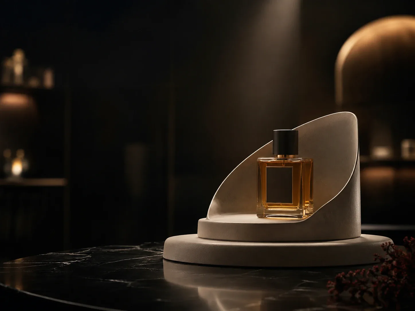 Una boccetta di profumo sollevata su un piedistallo scultoreo in una vetrina illuminata.