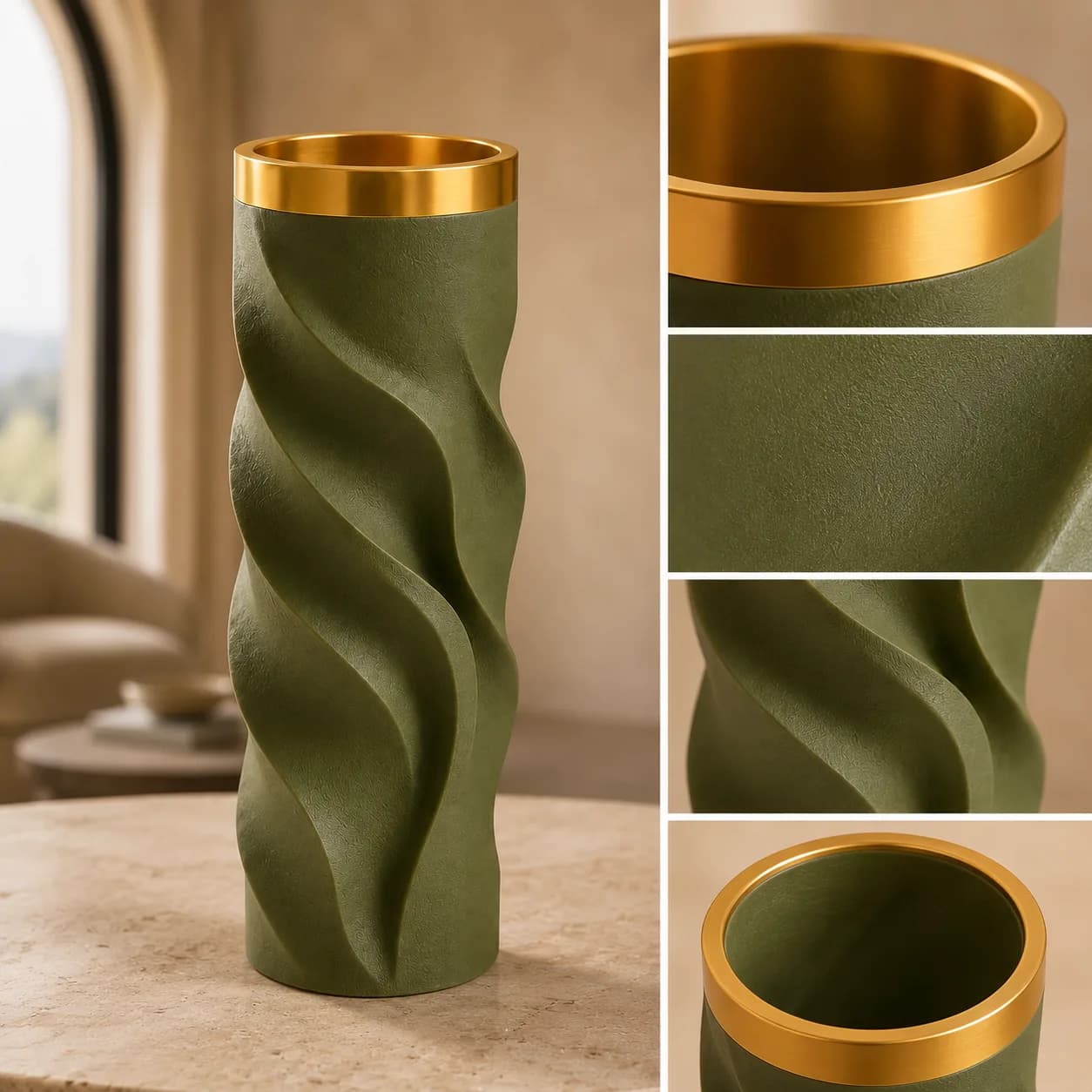 Un vaso a colonna a spirale su un tavolo di travertino, con il rilievo che prende luce per tutta l’altezza. (2/4)