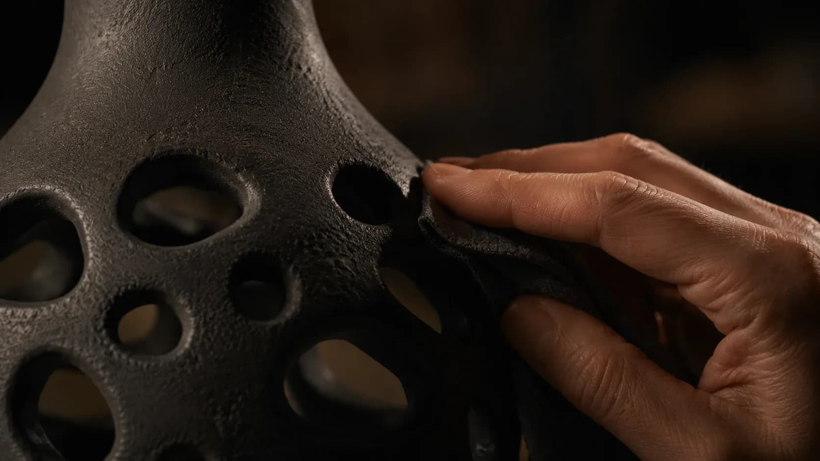 Una mano che lucida la superficie di un pezzo scultoreo poroso sotto una luce calda.