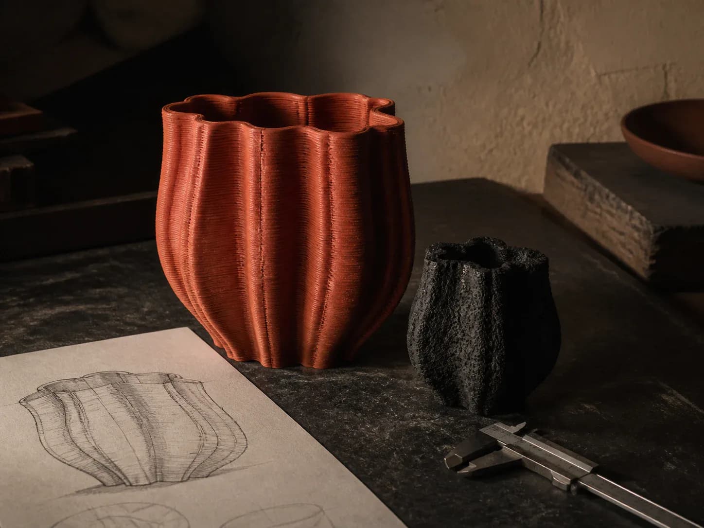 Un vaso color terracotta e un prototipo scuro accanto a uno schizzo e a un calibro sul tavolo dello studio.