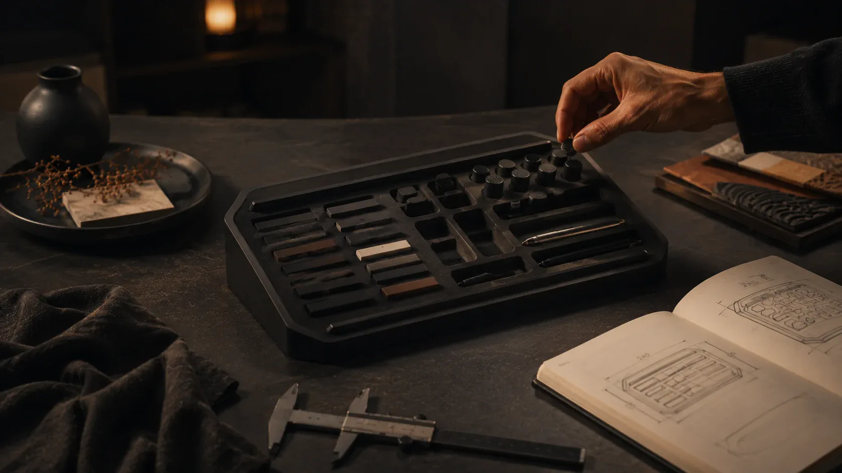 Un disegno tecnico, un calibro e un vassoio portacomponenti finito su un piano di lavoro.