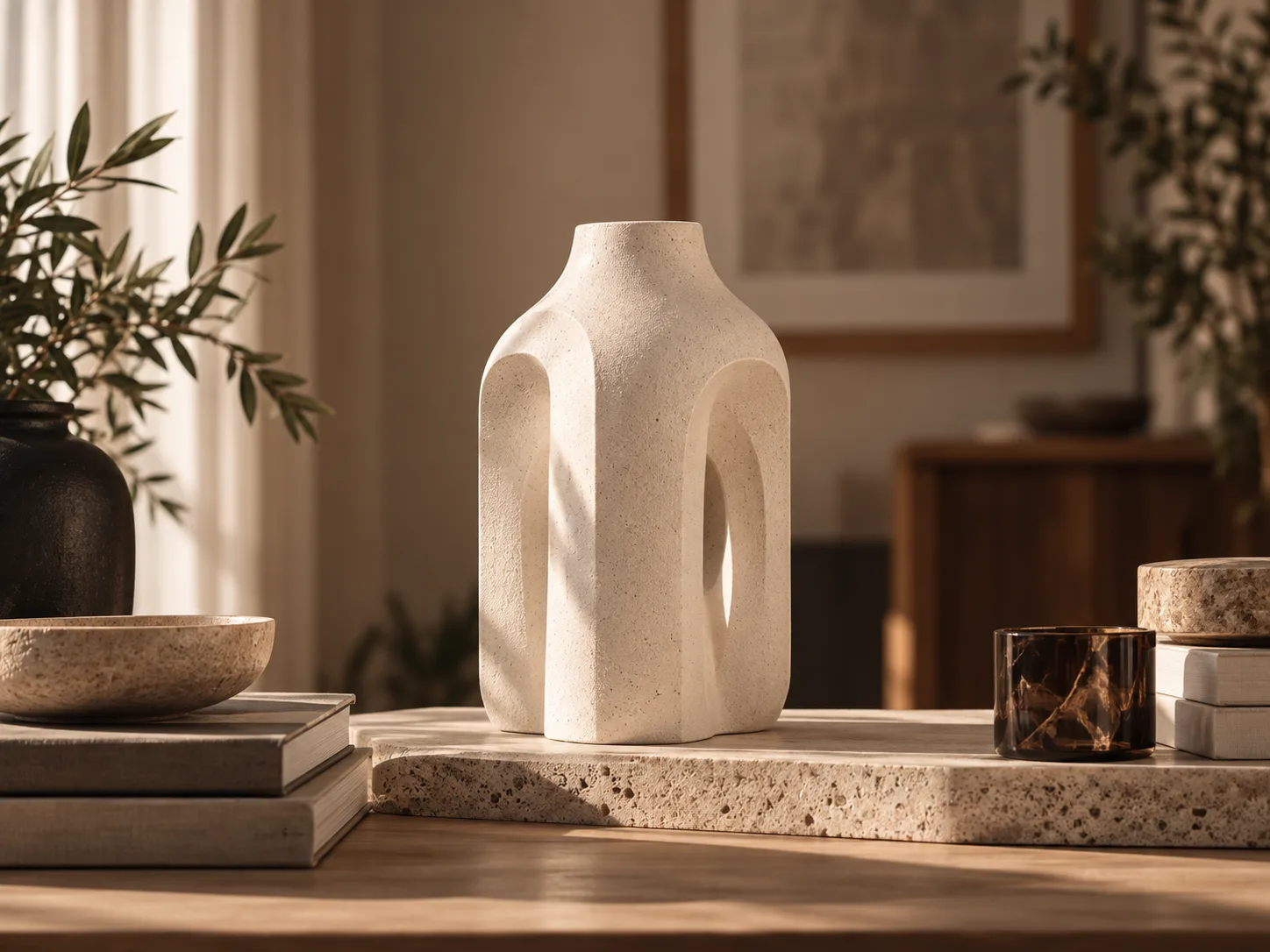 Un vaso architettonico avorio esposto in un interno caldo.
