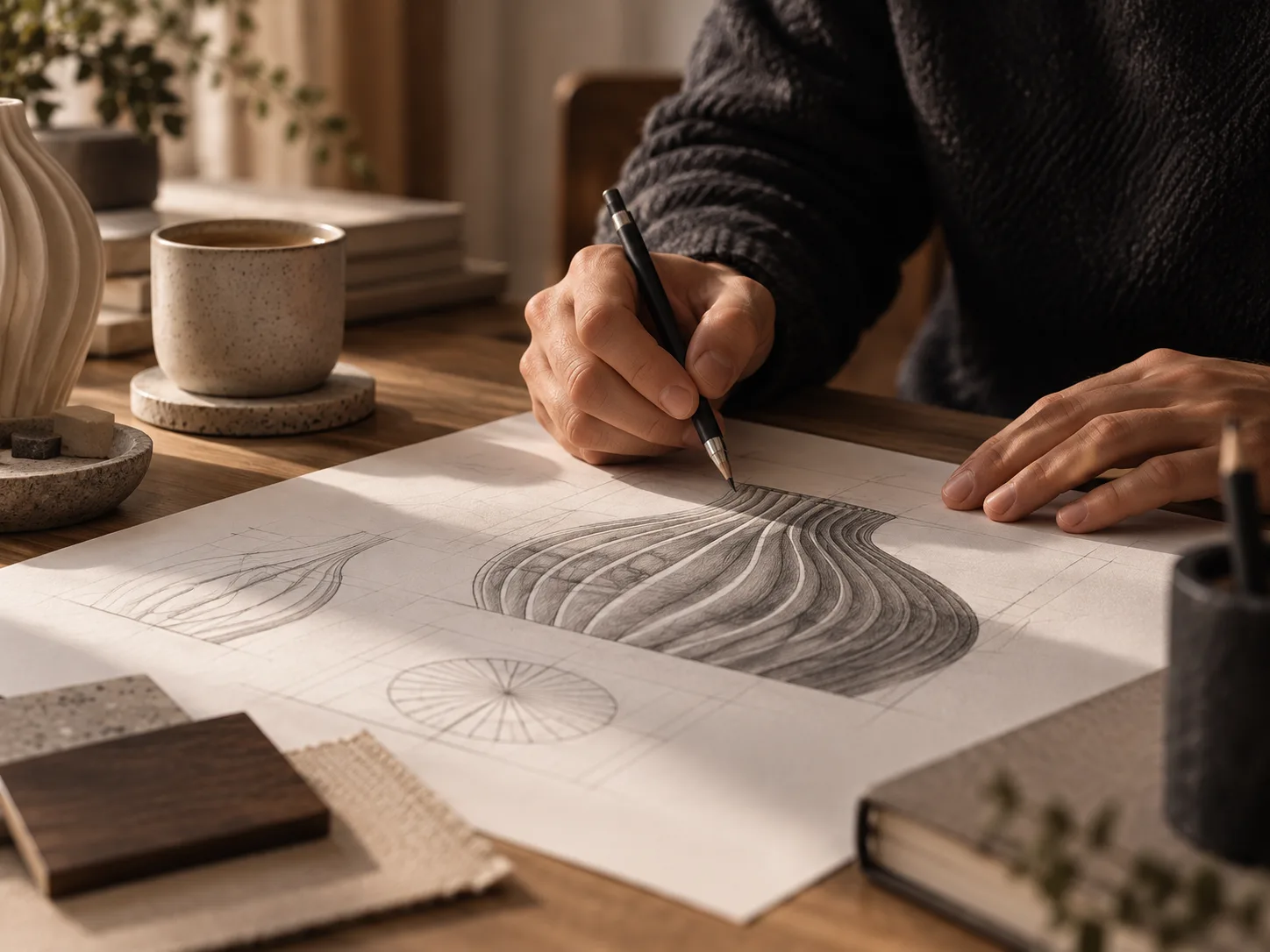 Una designer disegna il profilo fluido di un nuovo pezzo.