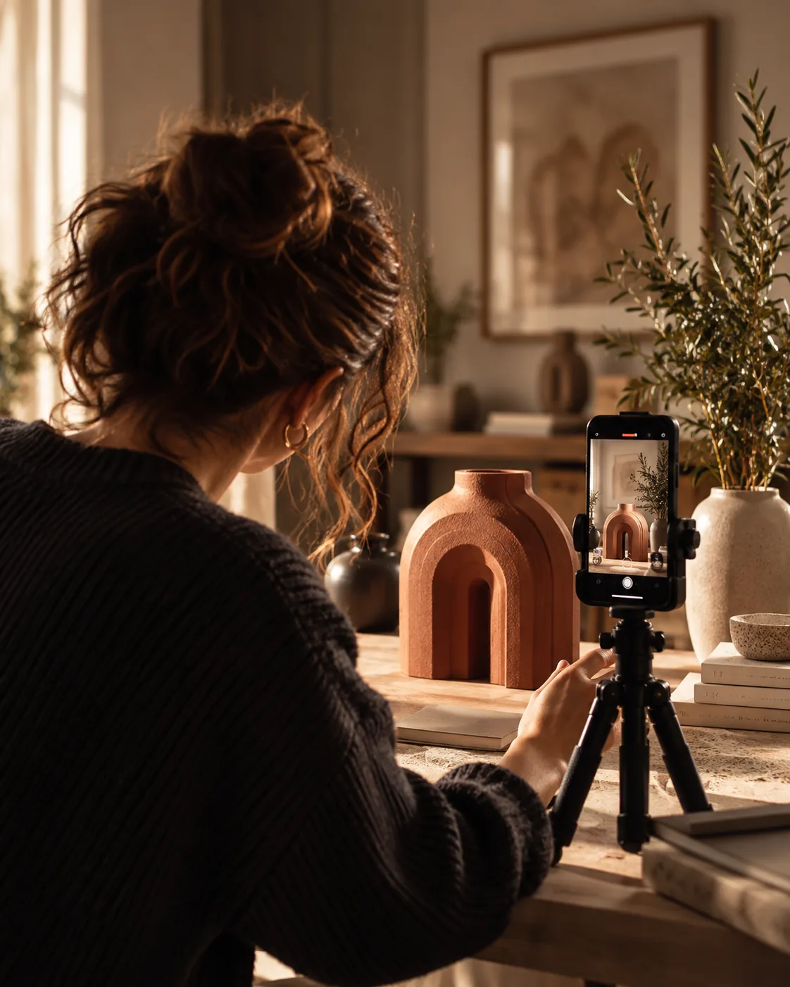 Una creator filma un pezzo ISPIRENZA in terracotta con uno smartphone su treppiede.