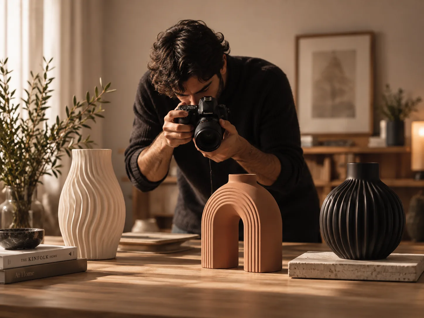 Un creator fotografa un gruppo di creazioni scultoree in polimero nella luce naturale.