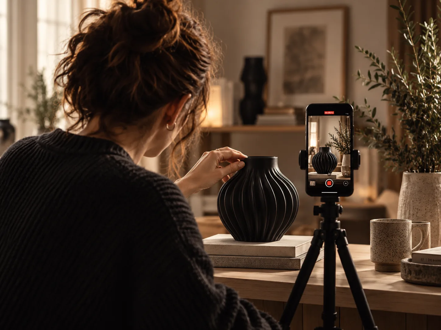Una creator filma un vaso ISPIRENZA scuro e scanalato.