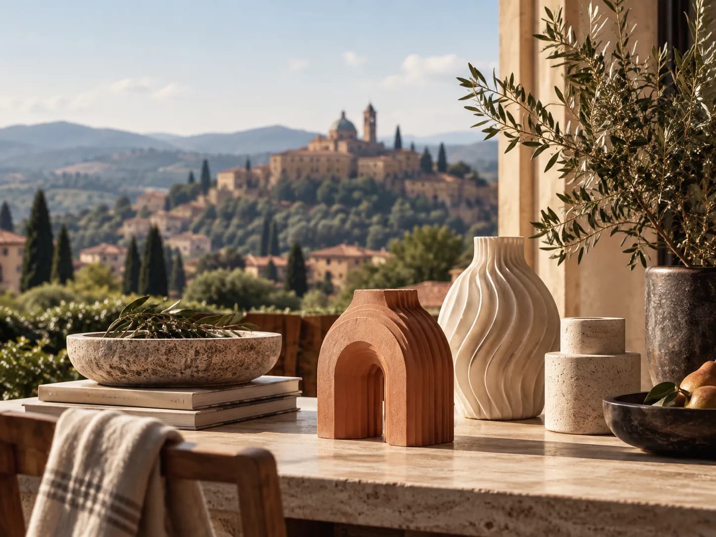 Pezzi ISPIRENZA su una terrazza affacciata su un borgo italiano.