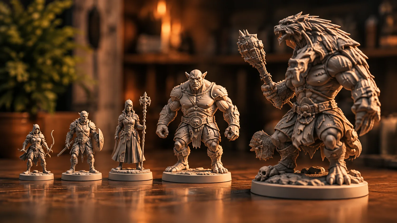 Una fila di figure non dipinte che crescono dalla scala da gioco a un grande pezzo da esposizione.