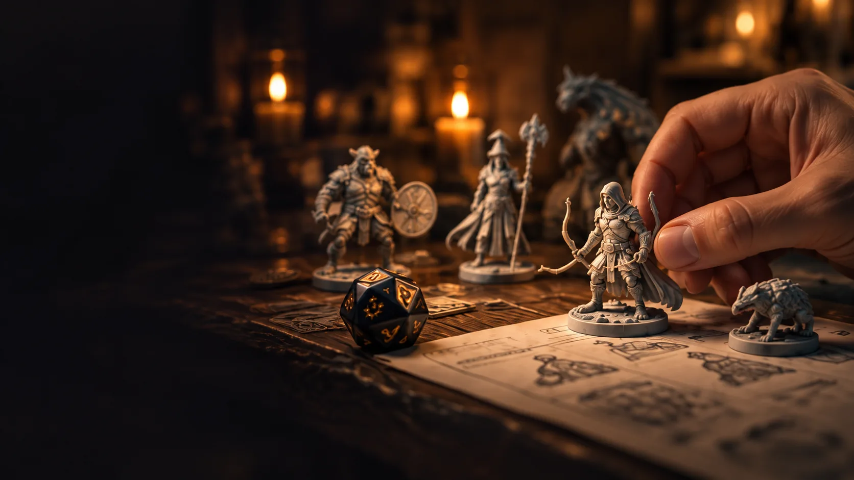 Una mano che posa una miniatura non dipinta accanto a una scheda personaggio e ai dadi.