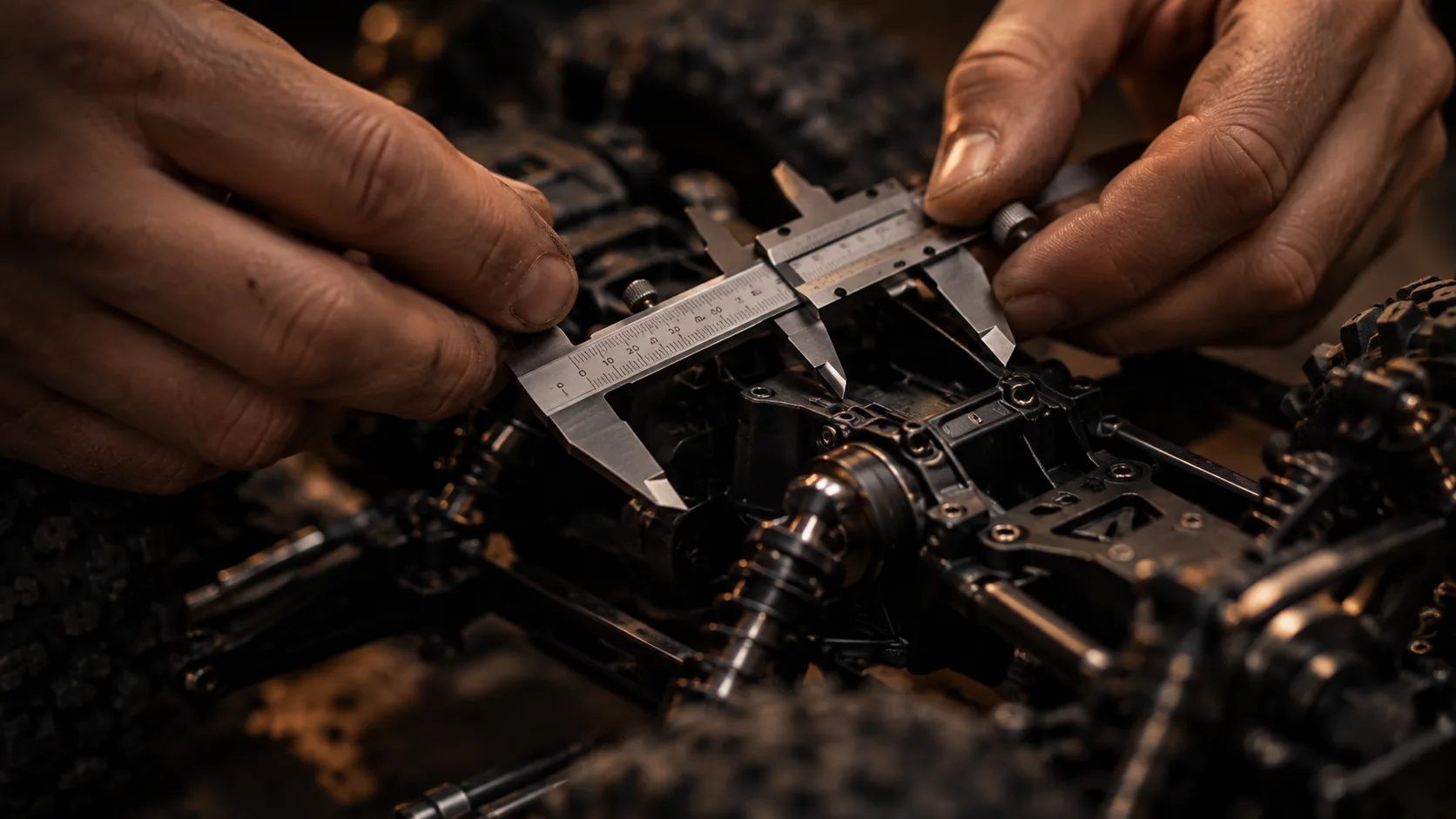 Mani che misurano il telaio di un crawler con un calibro.