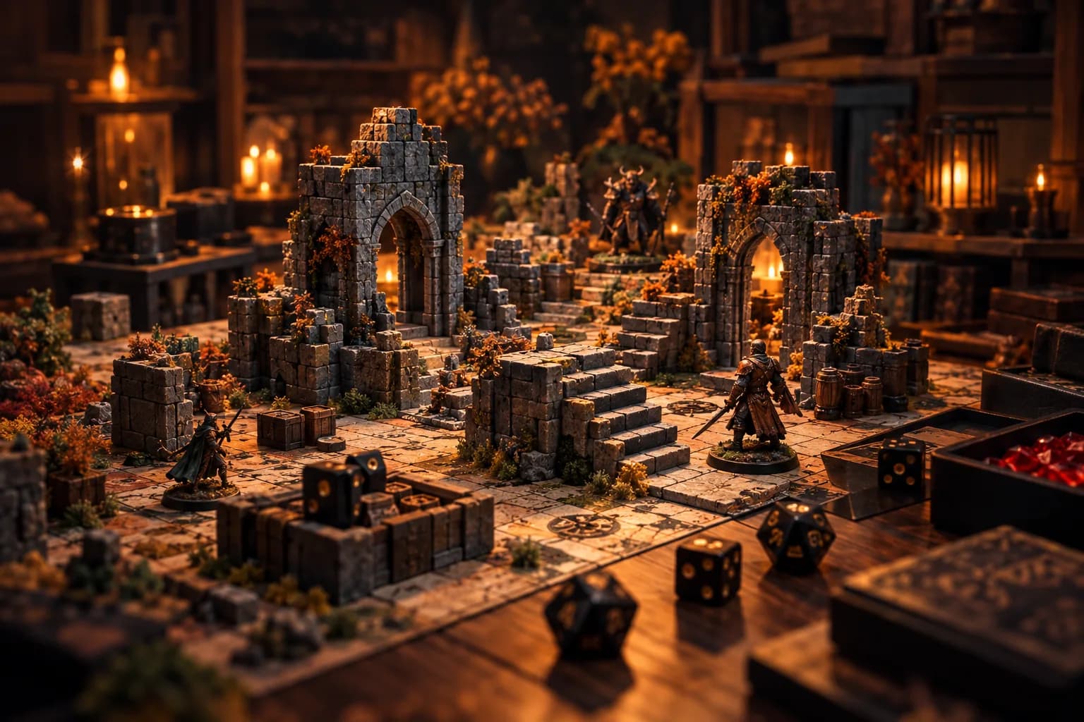 Rovine e scenografie stampate disposte su un tavolo da gioco a lume di candela.