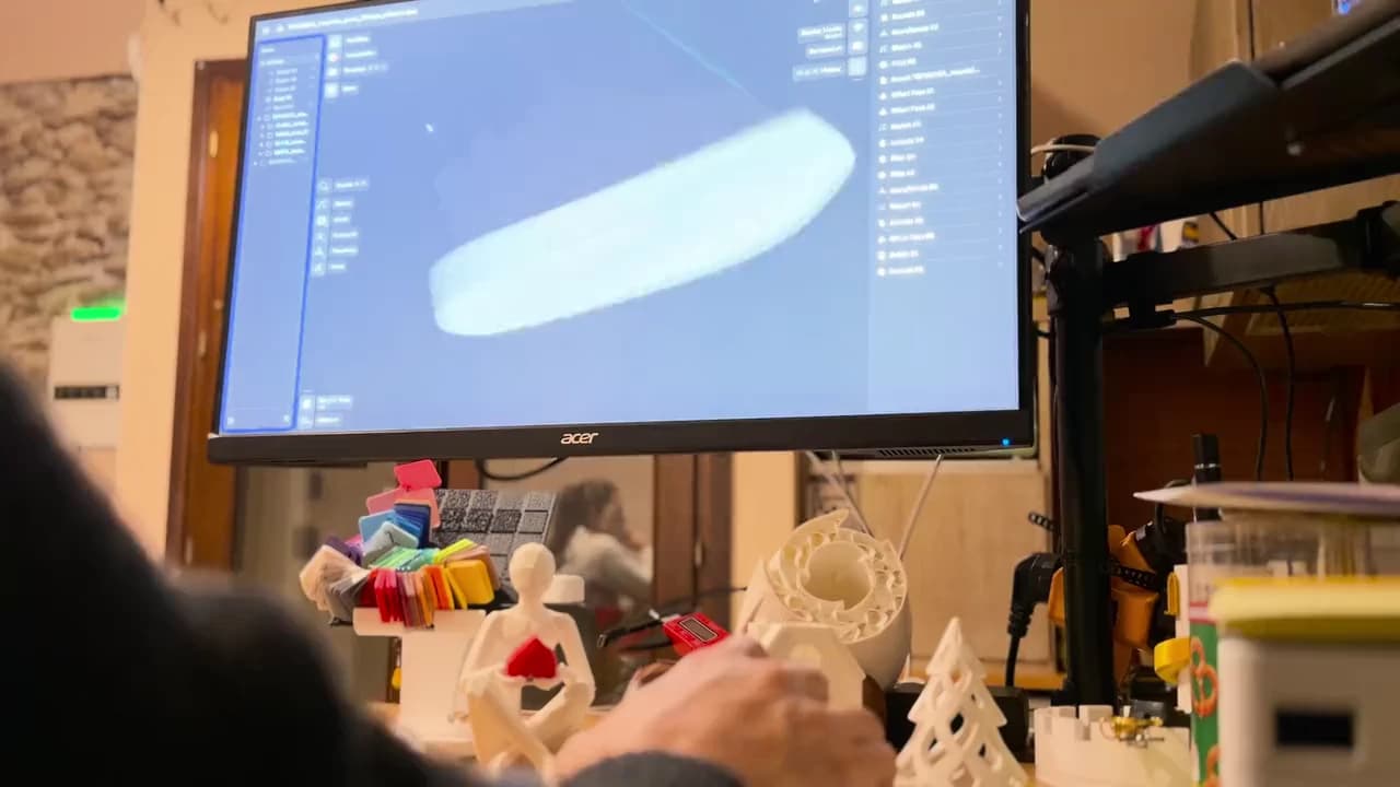 Alle spalle di un designer, alla scrivania dello studio: un modello ruota sullo schermo sopra una fila di pezzi stampati.